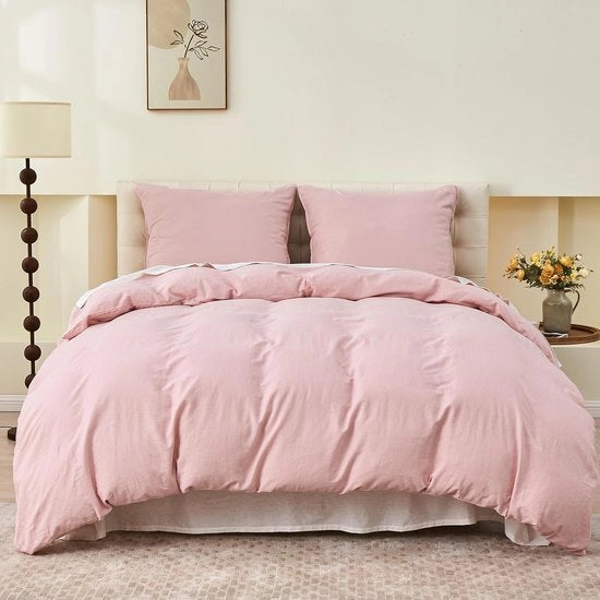 Set di coperte da letto in cotone e lino di alta qualità, adatta per l'estate, 155 x 220 cm, completo di cuscino coprente, certificato Oeko-Tex - Rosa -