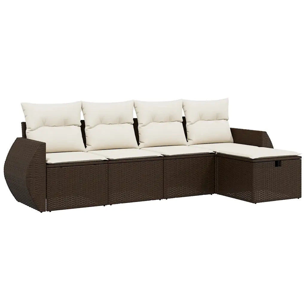 Set Divano da Giardino 5 pz con Cuscini Marrone in Polyrattan