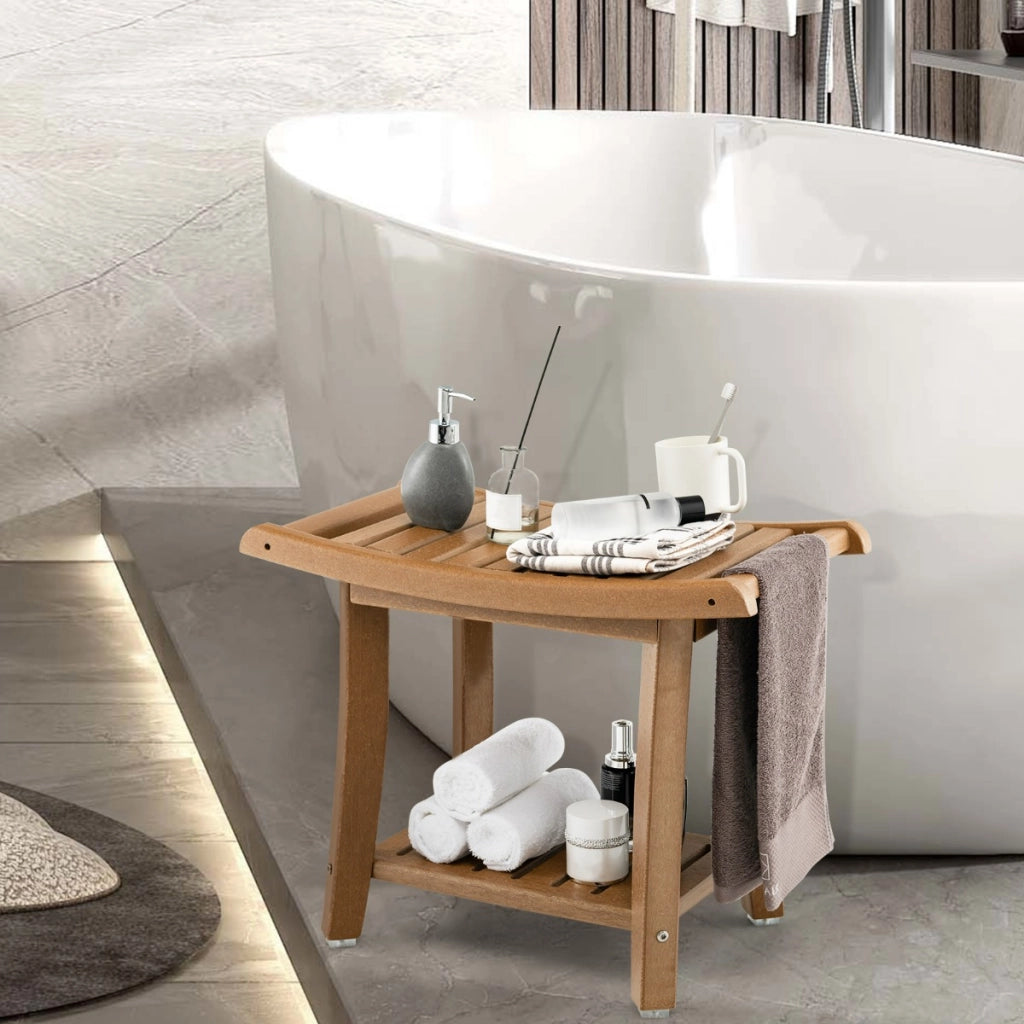 Panca da doccia impermeabile con sedile curvo ripiano per riporre gli oggetti, Sgabello da bagno versatile Marrone-Sedie per doccia