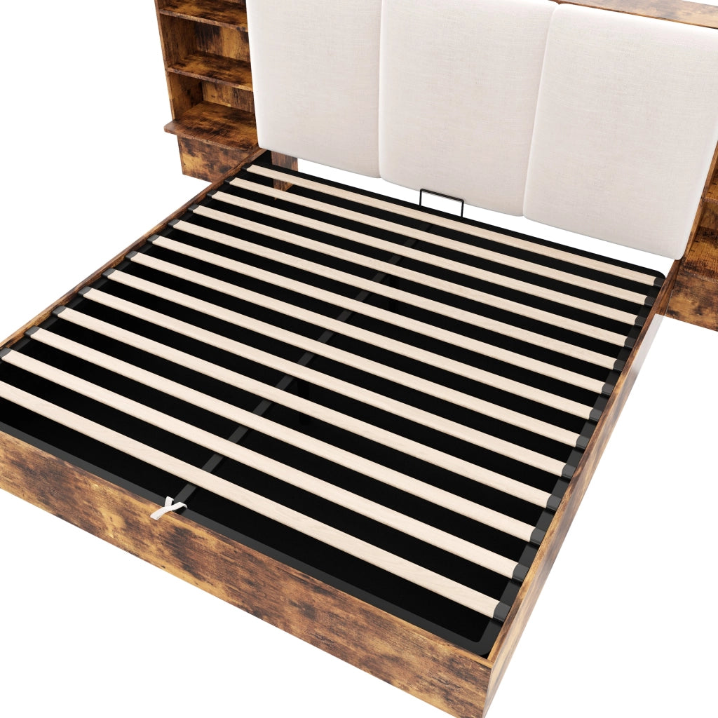 Letto Contenitore 180 x 200 cm - 6 Vani; LED Regolabile e Testiera Imbottita - Marrone