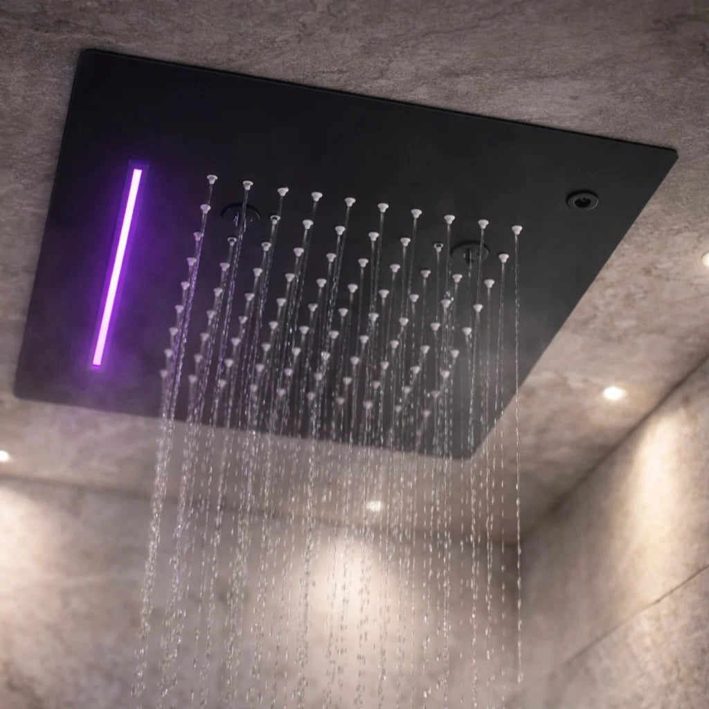Soffione led a soffitto da incasso con cascata acciaio nero quadro ogomondo *** confezione 1