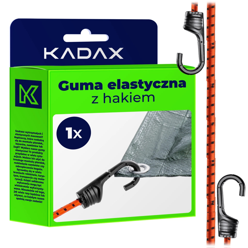 Corda elastica in gomma KADAX con gancio, 48 cm, per il fissaggio di teloni e tenditori per bagagli.