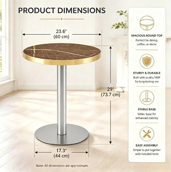 Tavolino da salotto rotondo moderno con piano effetto marmo UV; struttura in acciaio inox oro e MDF grigio