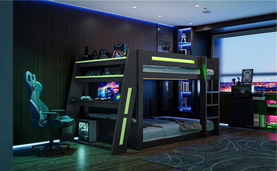 DESMIU Letto a castello 140 × 200 cm 2 posti con scrivania, USB, LED e ripiani, senza materasso, in legno e MDF, nero