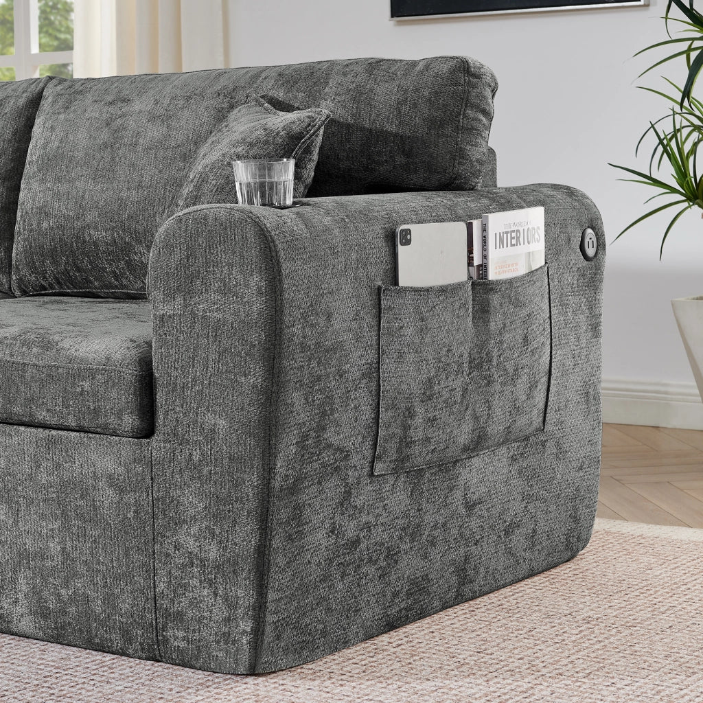 Divano relax 2 posti compatto con tasca laterale portabicchieri e cuscini in chenille grigio per piccoli spazi