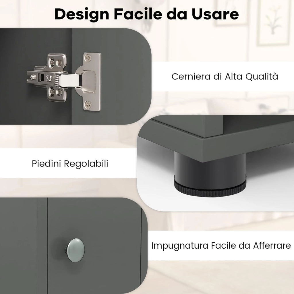 Mobile Bagno Alto Stretto, Mobiletto Colonna Salvaspazio con 1 Cassetto, 5 Ripiani Regolabili e Struttura Antiscivolo, Mobile a Terra per Ingresso, 20 x 20 x 180 cm (4 Ripiani, Grigio)