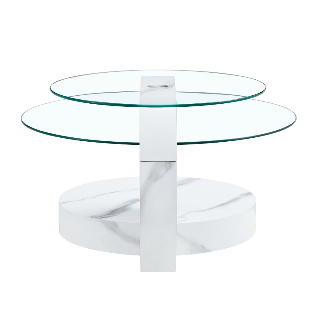 TAVOLINO DA CAFFÈ Doppio piano Ø70/50 cm MDF Bianco Marmo Vetro Trasparente