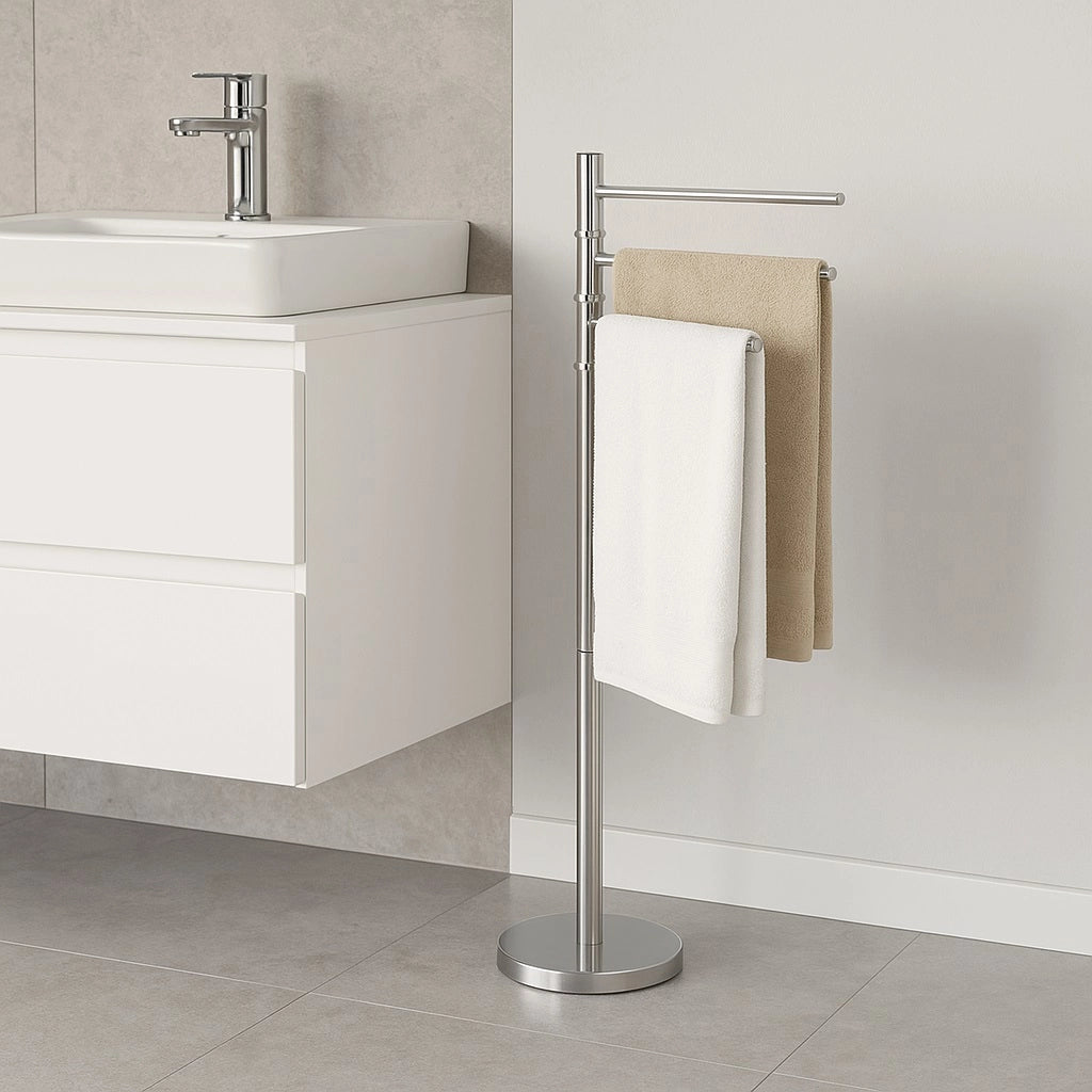 Piantana da Bagno Porta Asciugamani in Acciaio Inox Smaltato Cromo 3 Braccia Girevoli