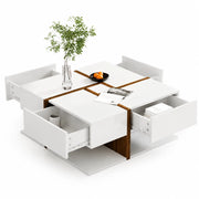 Tavolino da caffè 78x78x34.8 cm; 4 cassetti con finitura lucida e ripiano inferiore; truciolato bianco