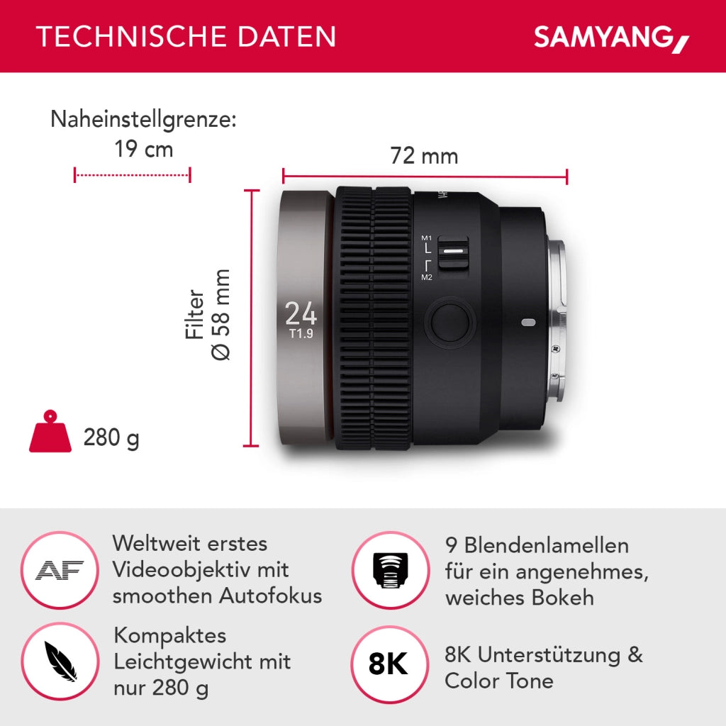 Obiettivo video V-AF 24 mm T1,9 FE compatibile con Sony E, per videocamera, con autofocus risoluzione 8K e Tally lamp, alta intensità luminosa per full-frame e APS-C