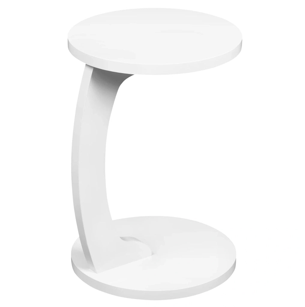 Tavolino laterale rotondo a forma di C in MDF bianco stabile salvaspazio per divano e letto