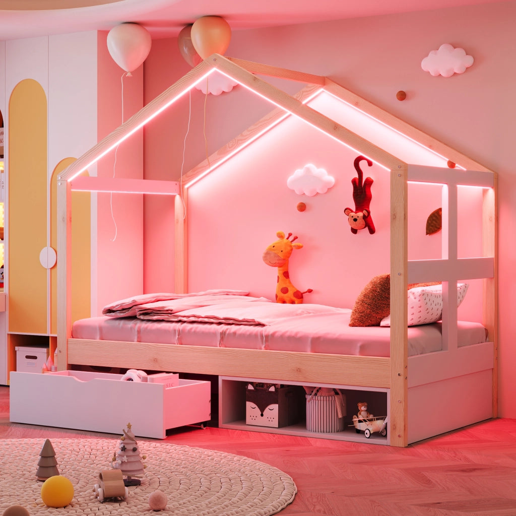 Letto Singolo in Legno con Cassetti e LED ¨C MINIMAL ¨C 90x190