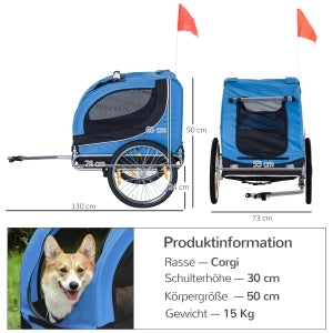 Rimorchio per bici per cani in tessuto Oxford blu, 130 x 73 x 90 cm, portata 30 kg