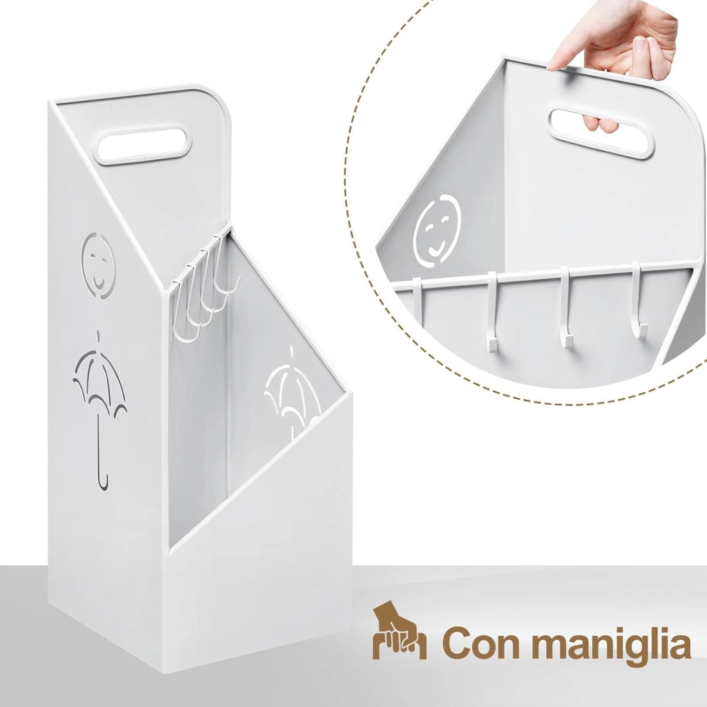 Portaombrelli con 4 Ganci e 2 Aree Separate, in Metallo Antiruggine, con Design a Conca e Sorriso, per Corridoio, Ingresso, Bianco