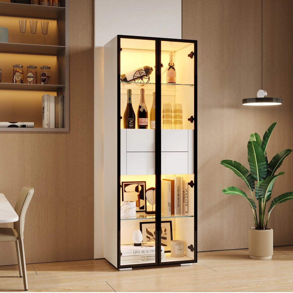 Vetrina con LED, 1 anta in vetro temprato e 2 cassetti, ripiani regolabili, in MDF e vetro, bianco, 60 × 40 × 160 cm