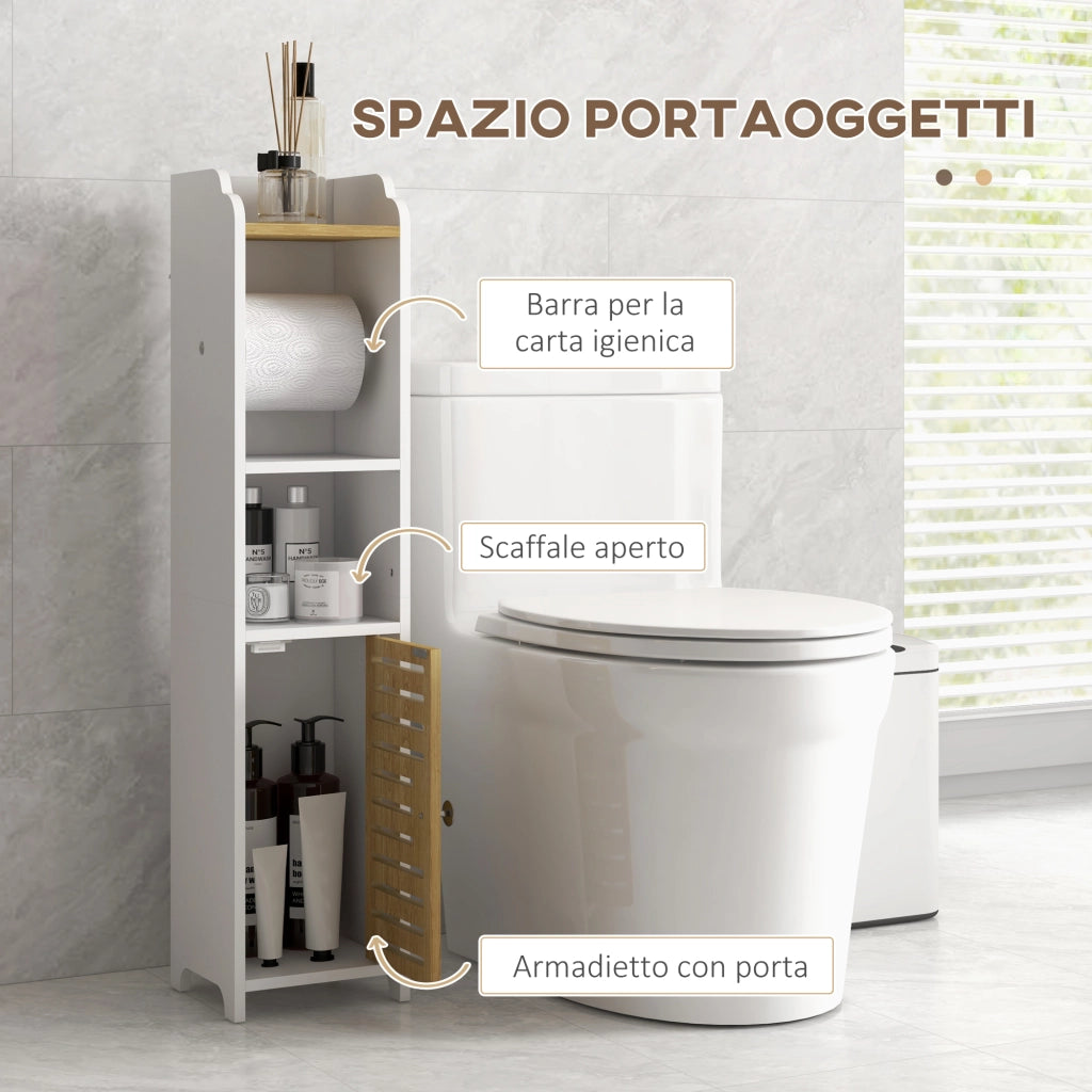Mobiletto Bagno Salvaspazio in Truciolato con Ripiani e Armadietto ¨C Zephmum ¨C 18x20x90 cm, Bianco
