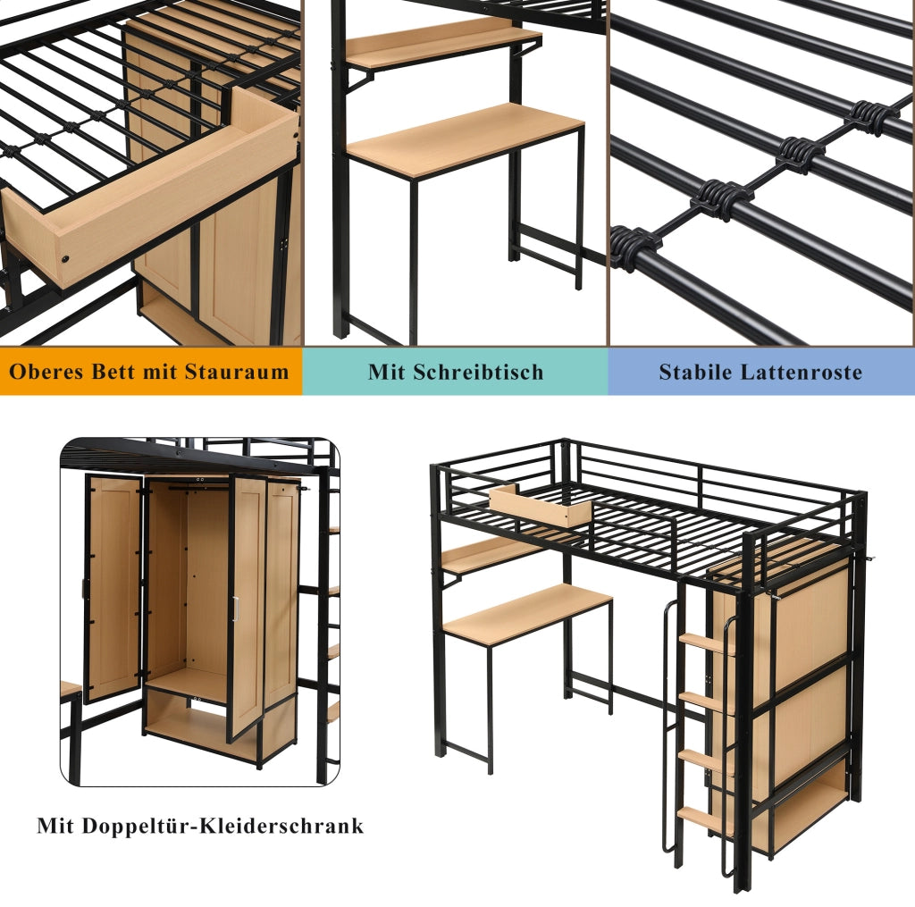 Letto a soppalco con armadio, scrivania e scaffale 90 x 200 cm