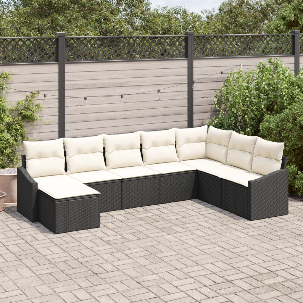 Set da pranzo da giardino 8 pezzi con cuscini in polyrattan nero