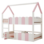 Letto a castello per bambini 90x200 cm a casetta con protezioni; rosa e bianco
