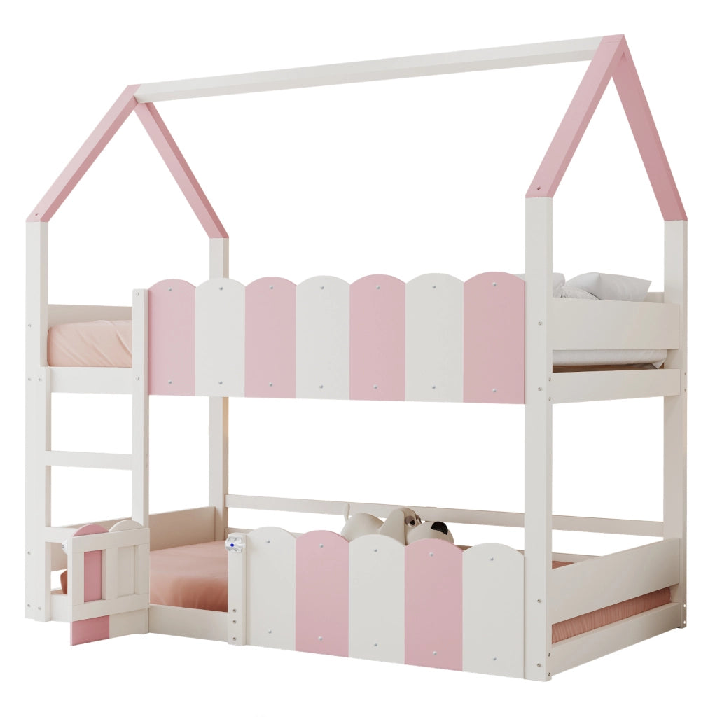 Letto a castello per bambini 90x200 cm a casetta con protezioni; rosa e bianco