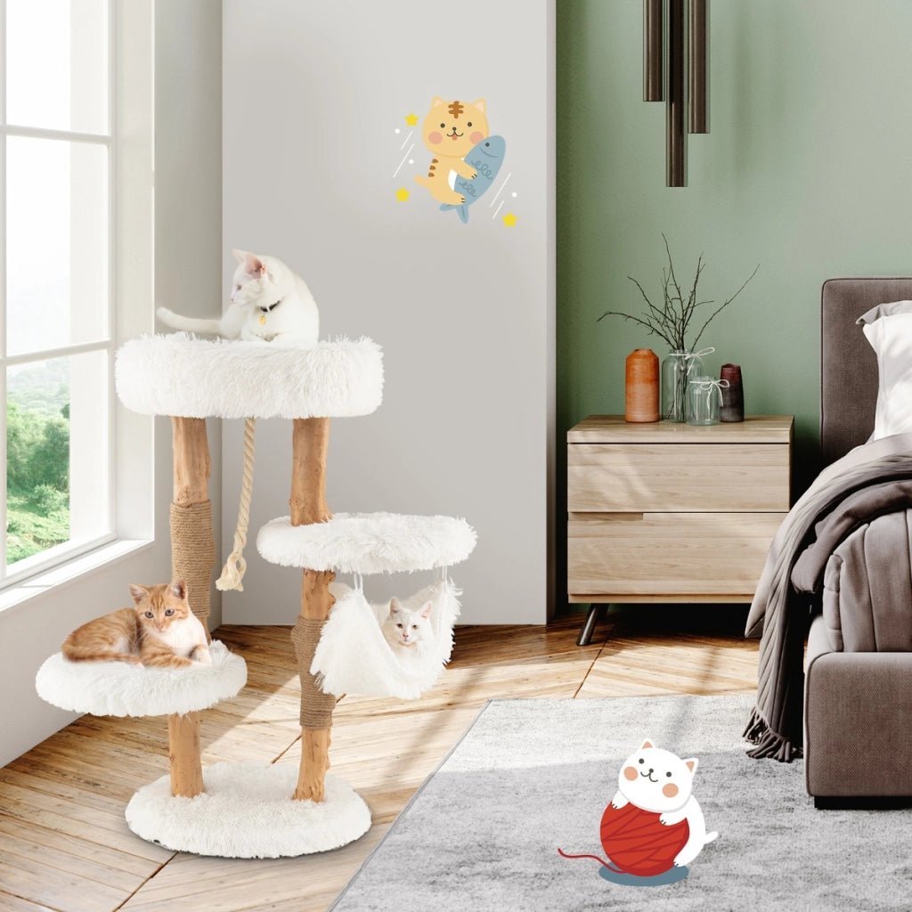 Albero tiragraffi per gatti in legno con pali di corda di iuta, Mobile per gatti con piattaforma e amaca Bianco-Alberi Tiragraffi