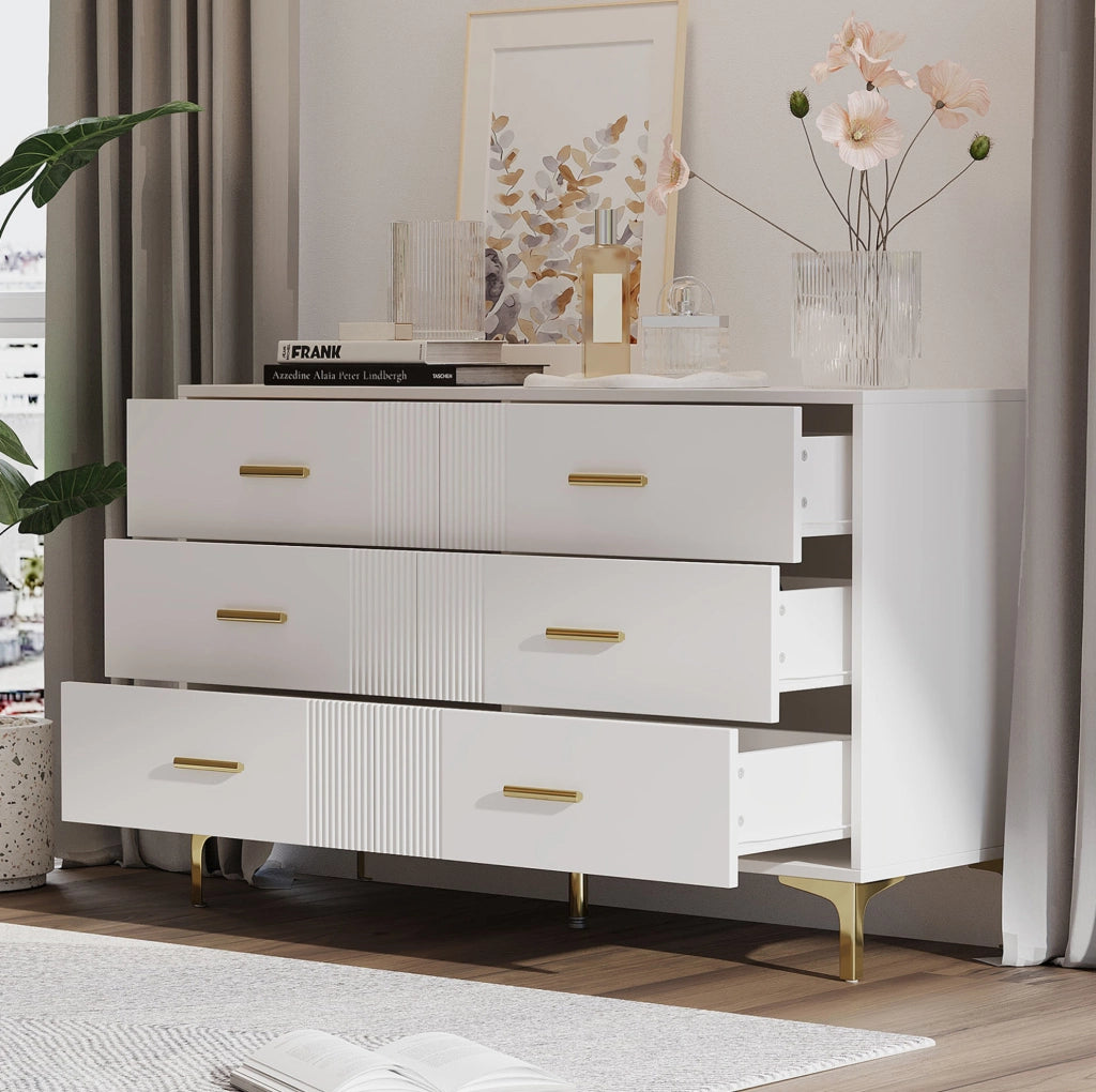 Cassettiera a 6 cassetti in MDF bianca; 120 x 40 x 76 cm