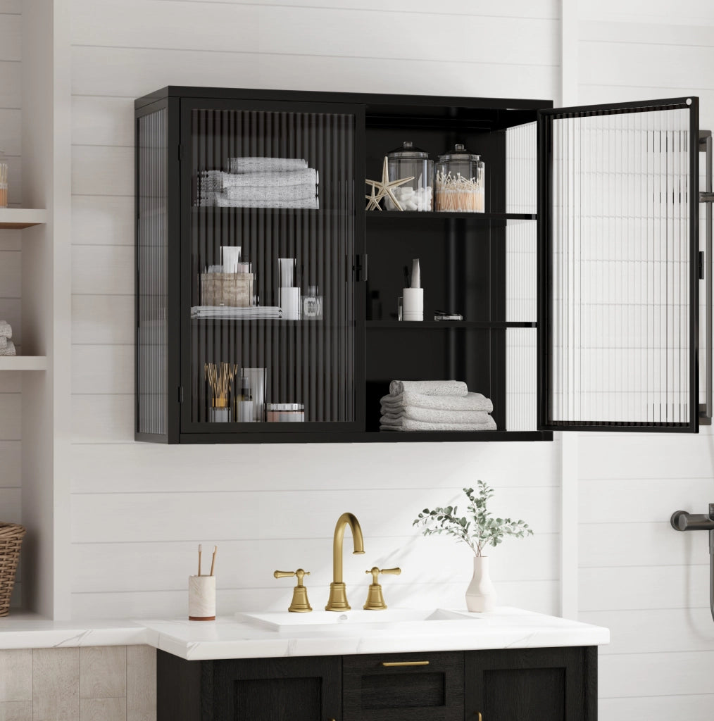Armadio pensile 2 ante 70x23x60 cm in metallo e vetro temprato nero, 3 ripiani