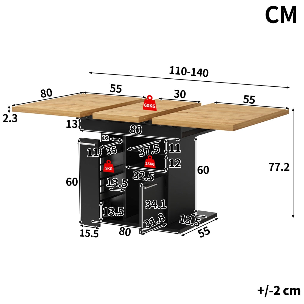 Tavolo da pranzo allungabile 110-140x80x77.2 cm con spazio contenitivo e luci LED in MDF nero