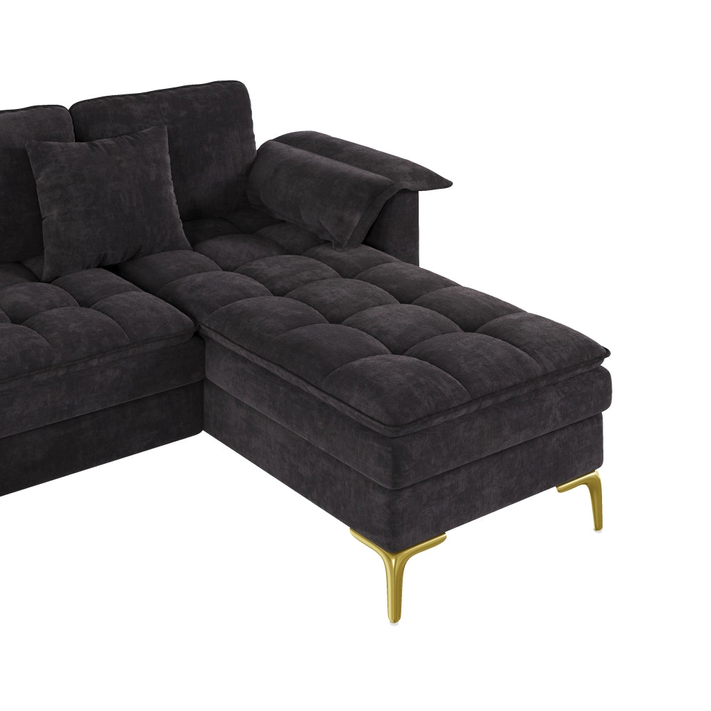 Divano angolare a U modulare con 2 chaise longue e cuscini in ciniglia nera per soggiorno 262 × 134 × 86 cm