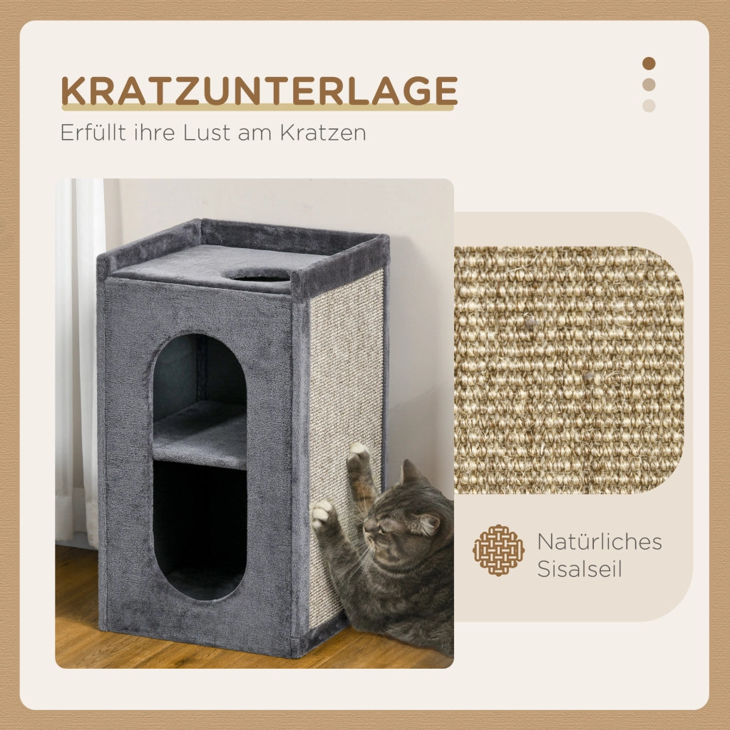 Tiragraffi a Torre con 2 Cucce per Gatti ¨C Xylo ¨C Sisal e Peluche Grigio Naturale