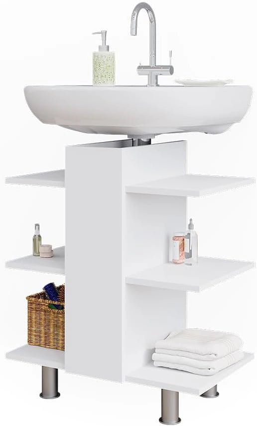 Mobiletto per lavabo Fynn, Bianco, 60 x 70 cm con 6 ripiani, da parete per la conservazione di accessori da bagno