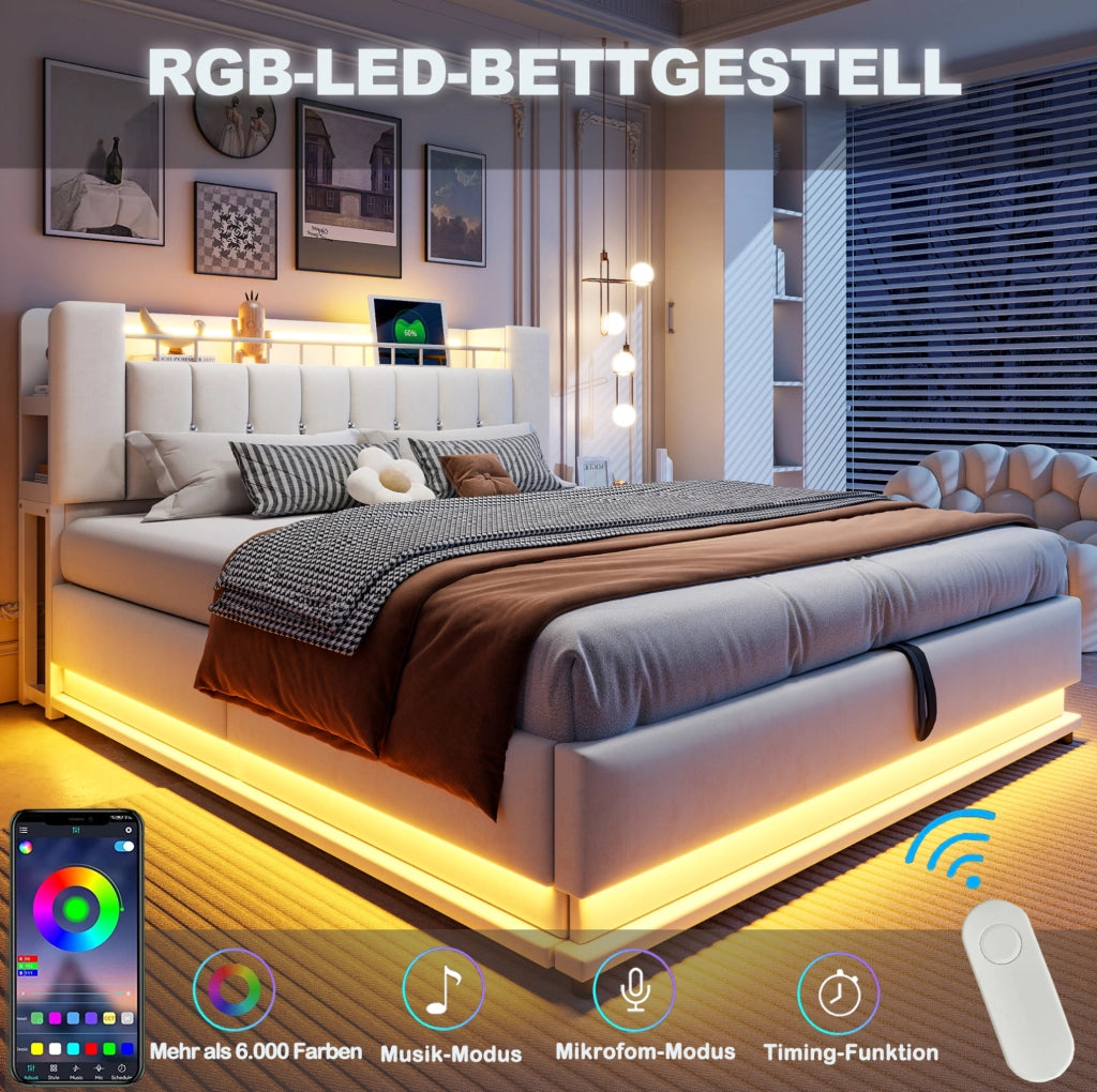 Letto imbottito 180x200 cm beige con LED, USB e contenitore