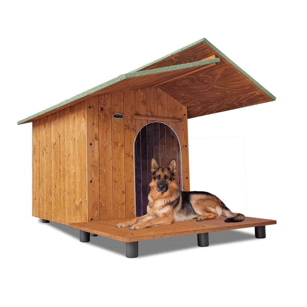CUCCIA IN LEGNO PER CANI DA ESTERNO MODELLO ALPI CON PENSILINA E DAVANZALE C-SETTER CON "TENDINA OMAGGIO" L.90 x P.137 x H.80