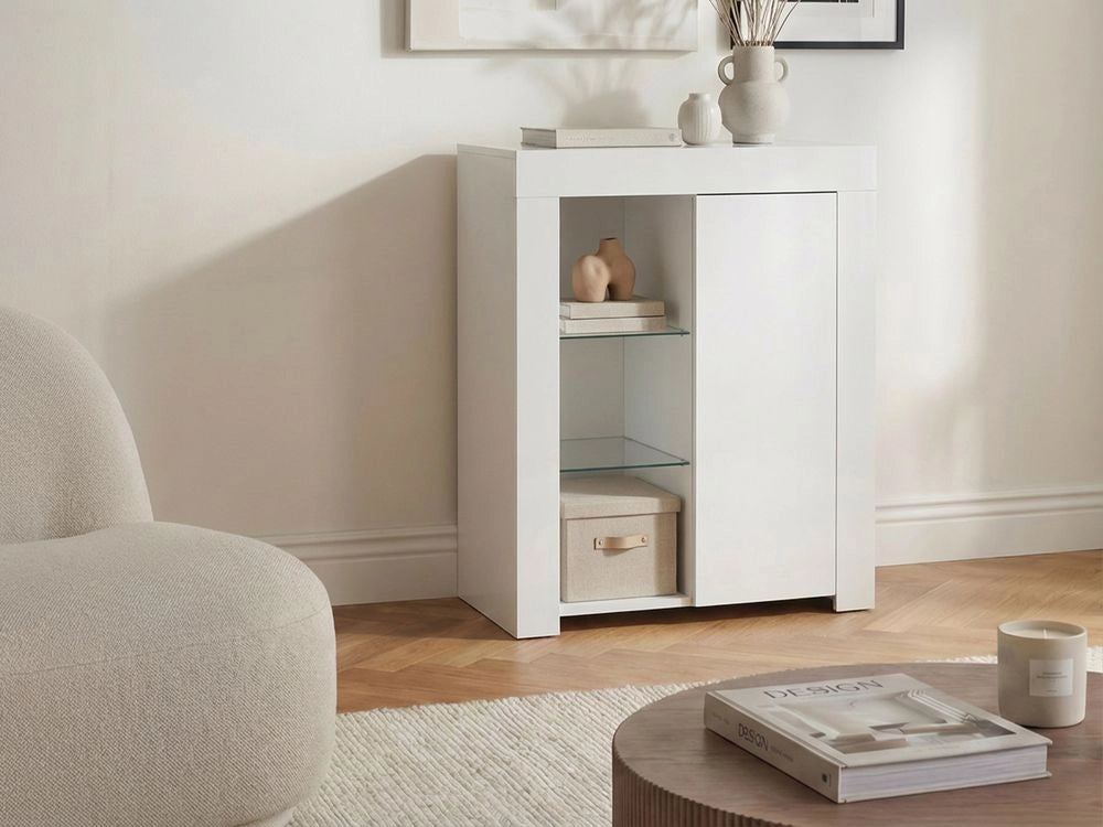 Credenza per soggiorno o camera da letto con 1 anta in MDF LED bianco stile moderno