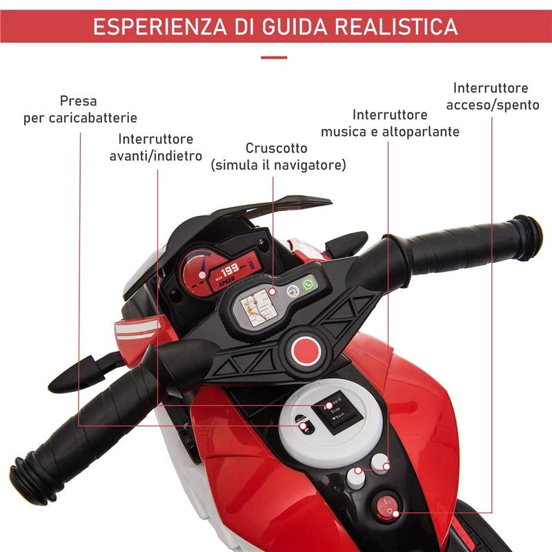 MOTO ELETTRICA PER BAMBINI 3-6 ANNI CON LUCI BATTERIA 6 V NERA ROSSA