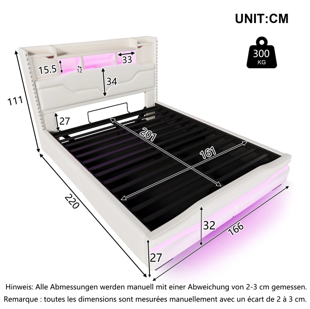 LETTO Imbottito 160x200 cm Lino Beige con LED e vano contenitore idraulico