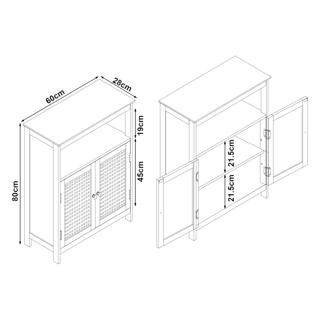 Mobiletto/scaffale basso per bagno 80 x 60 x 28 cm con 2 ante finitura MDF e PVC bianco 03_0008861