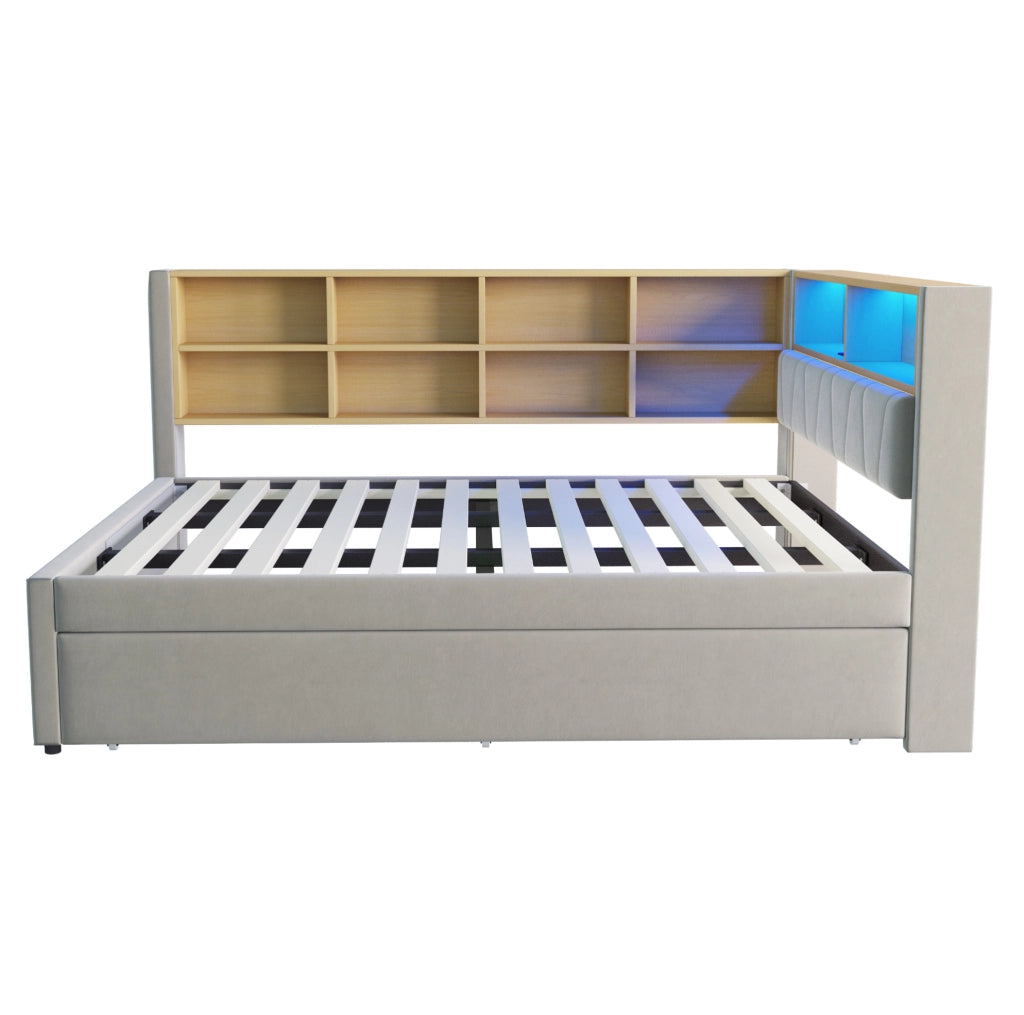 Divano letto multifunzione 140x200 cm con letto estraibile 90x190 cm; LED; grigio chiaro in flanella