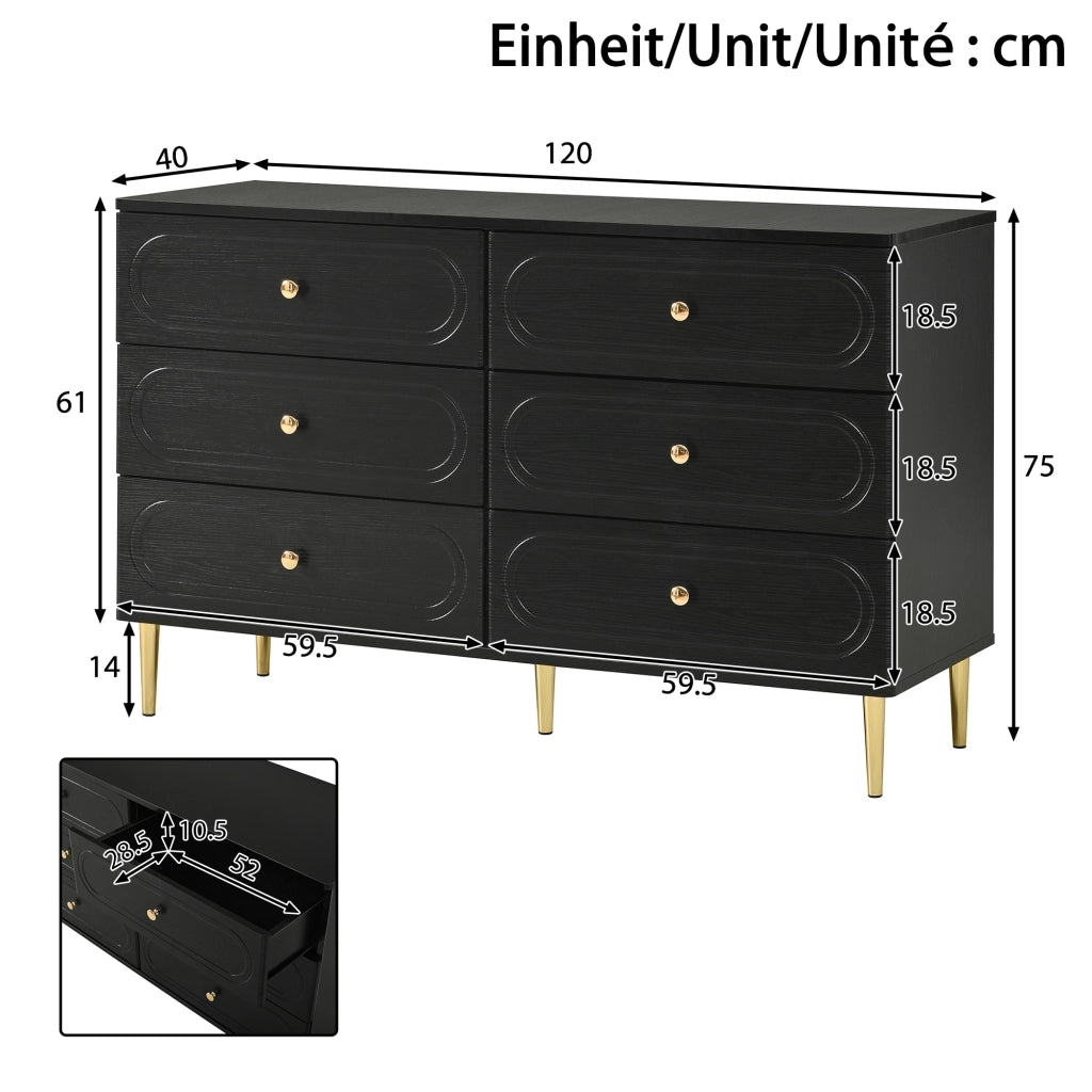 Credenza con 6 cassetti e piedi in metallo per soggiorno e ingresso, design con incisioni ovali, nero, 120 × 40 × 75 cm