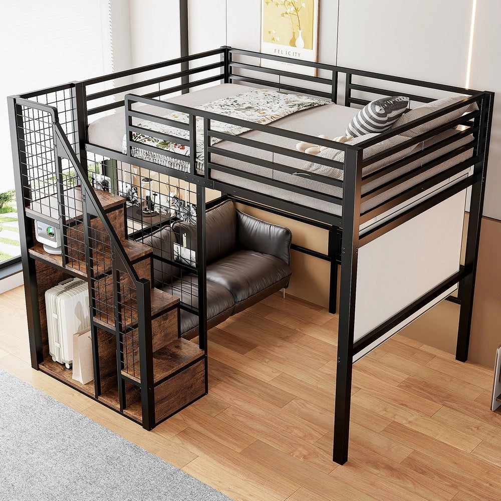 Letto a Soppalco con Scala di Sicurezza ¨C MINIMAL ¨C Metallo Nero 140x200