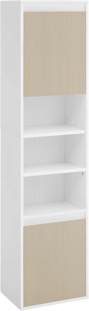 VASAGLE KAILYN Collezione - Mobiletto da Bagno, Mobile da Parete o Terra, Ante a Apertura Regolabile, 7 Scomparti, 3 Ripiani Regolabili, 30 x 40 x 160 cm, Bianco Nuvola e Beige Naturale BBK762N01