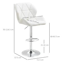 Set 2 Sgabelli da Bar con Altezza Regolabile, Base in Metallo e Seduta in Pelle PU, Sgabelli con Schienale e Poggiapiedi, 51.5x57.5x93-114.5cm, Bianco
