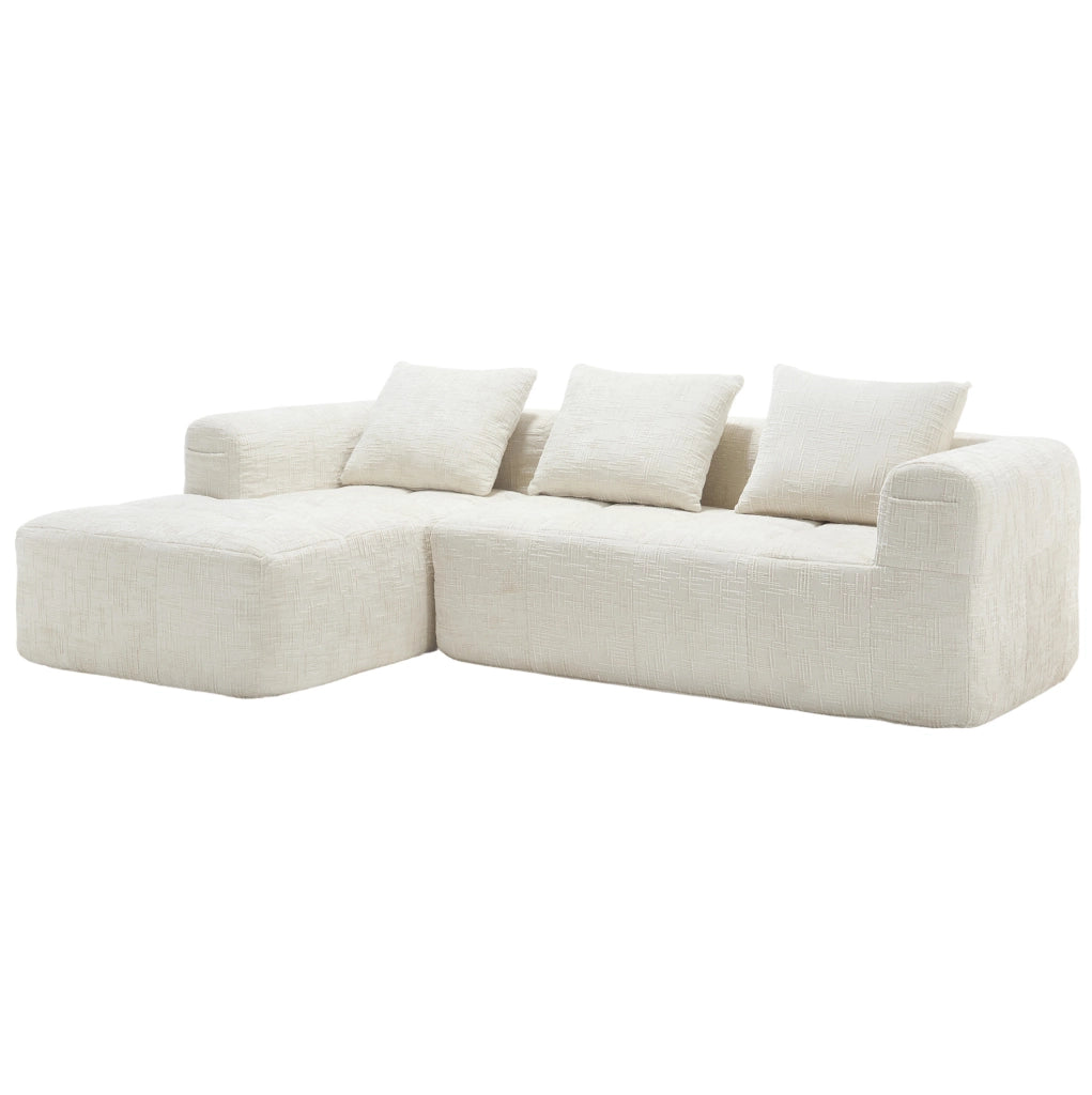 Divano modulare 3 posti in ciniglia beige con modulo allungato, tasche laterali e 3 cuscini