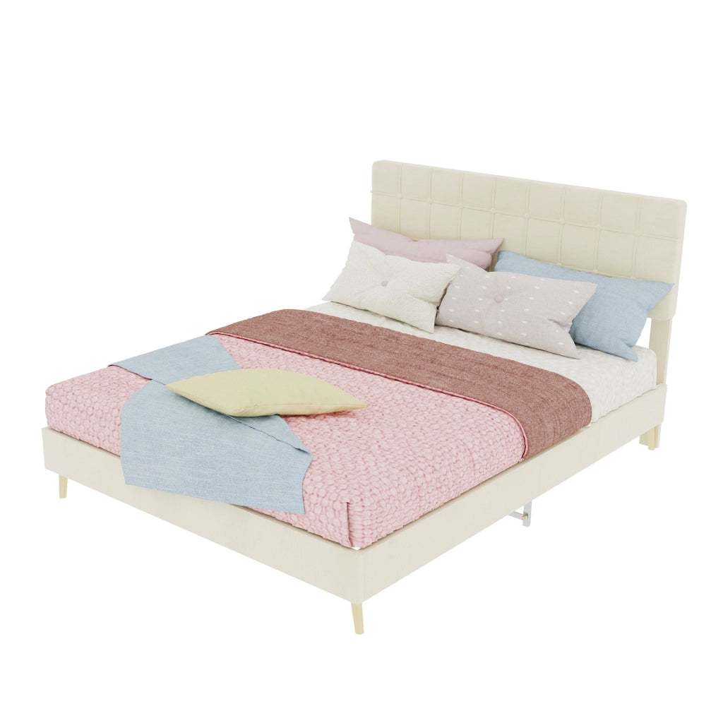 Letto matrimoniale imbottito in velluto beige dimensioni 140x200 cm
