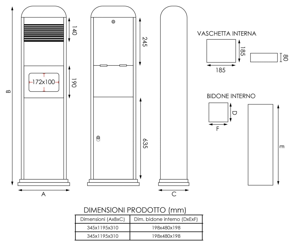 Posacenere a Colonna con Cestino 34,5x119,5x31 cm in Acciaio 14L per Interno Esterno
