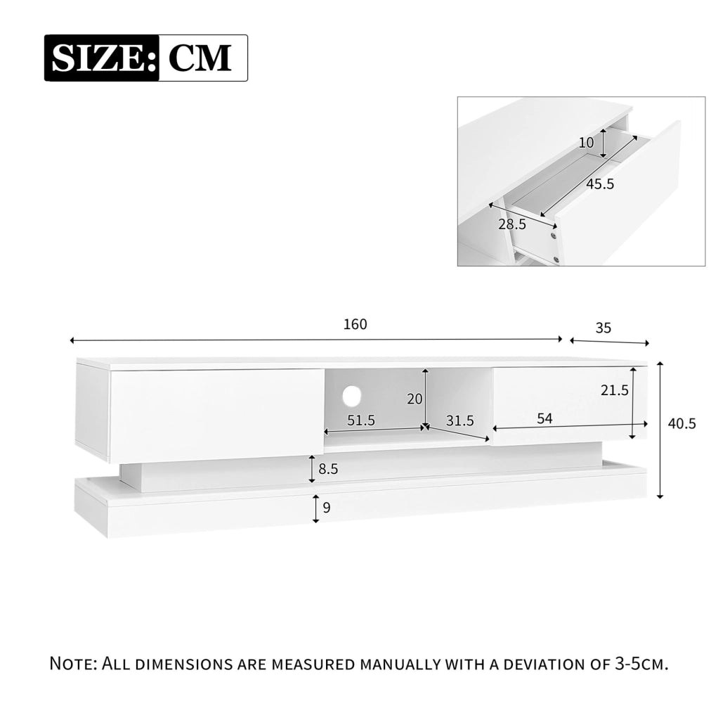Mobile TV bianco lucido 160 cm con LED RGB, 2 cassetti e controllo app