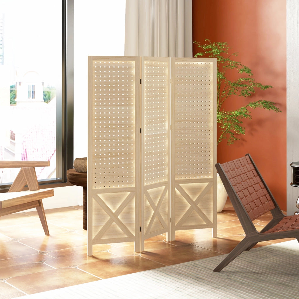 Paravento separatore 3 pannelli ¨C Xylo ¨C legno naturale traforato 114x144,5 cm