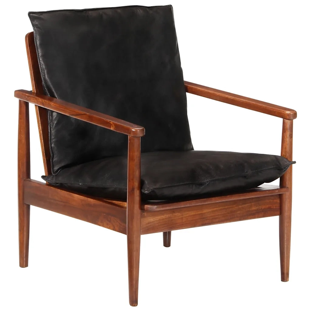 Poltrona Nera in Vera Pelle e Legno Massello di Acacia 340922