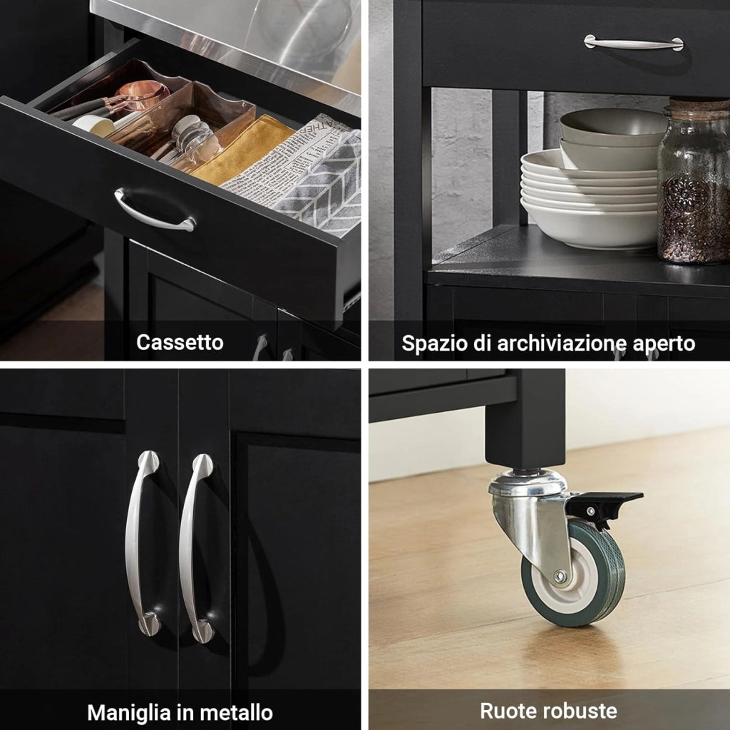 Carrello cucina salvaspazio con piano di lavoro – Mobile cucina con ruote, ideale come mobiletto cucina, credenza compatta o mobile microonde – Disponibile in Nero 60x92x45cm FKW22-SCH