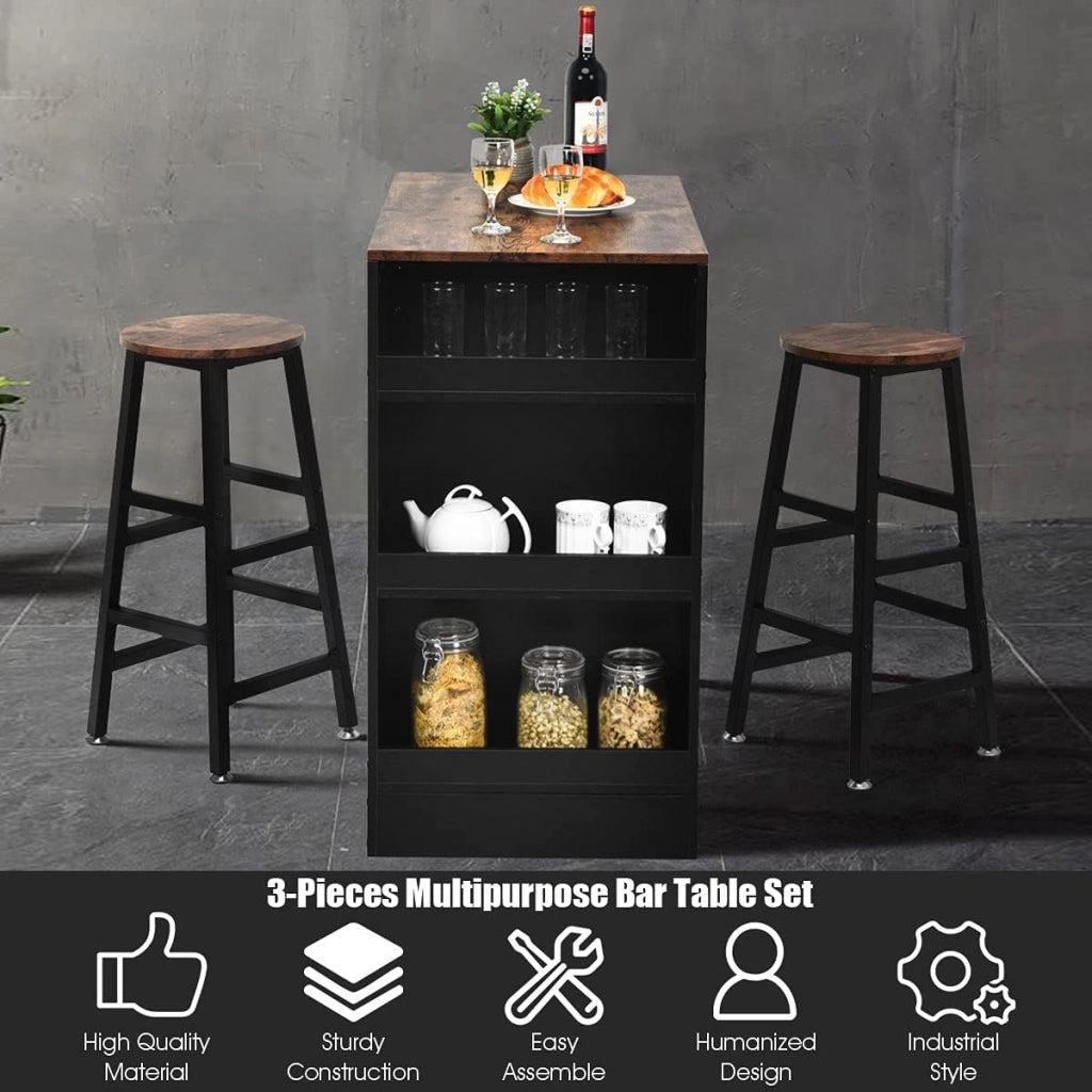 Set Tavolo e 2 Sgabelli, Set Mobili da Bar, 3 Pezzi Set da Pranzo, in Stile Industriale, Tavolo con 3 Ripiani di Stoccaggio, Sgabello con Poggiapiedi di Diverse Altezze, Struttura Metallica